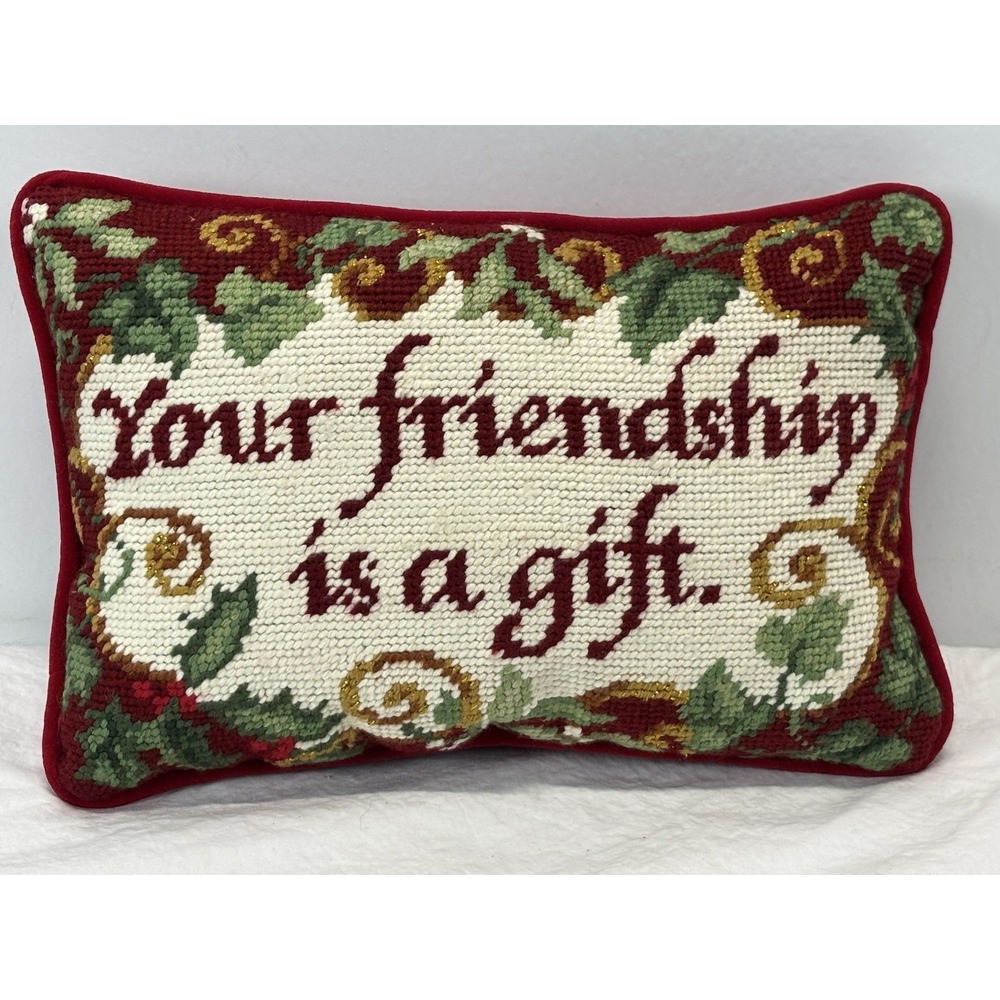 Small Needlepoint Pillow 'your Friendship Is A Gift' Red Velvet Back Vtg Look